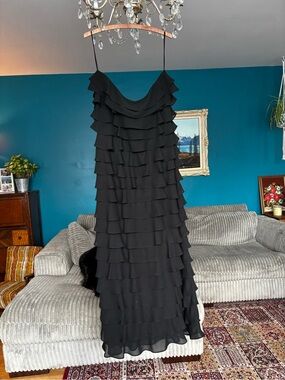 Vintage Jessica Black Strapless Ruffle Tiered Evening Dress Y2K mid size plus